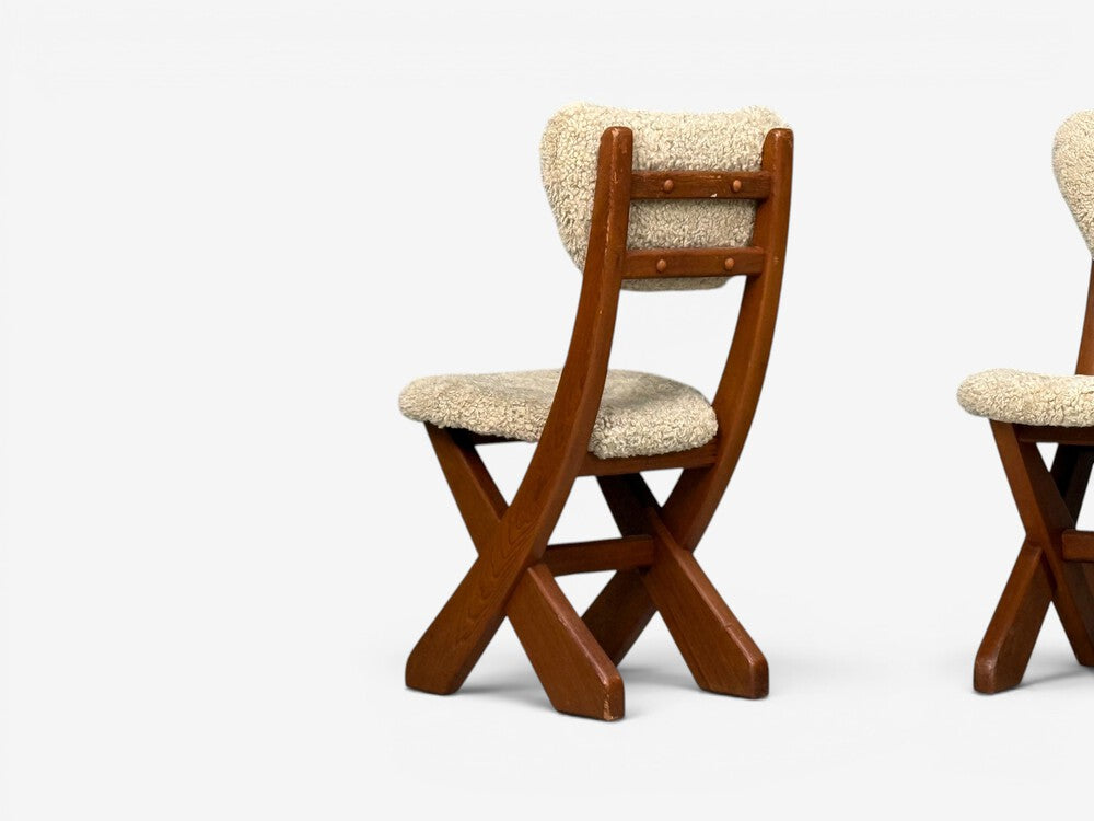 Danish Modern, Brutalist Dining Room Set, Pine, Shearling, Denmark, 1960s