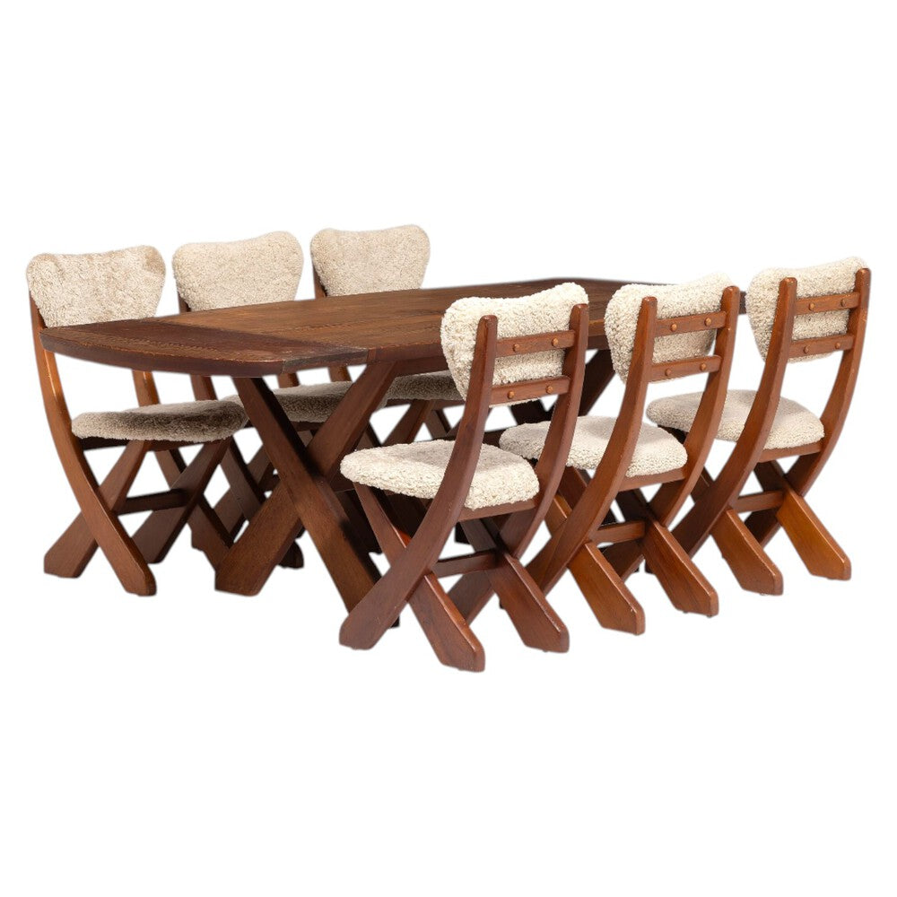 Danish Modern, Brutalist Dining Room Set, Pine, Shearling, Denmark, 1960s