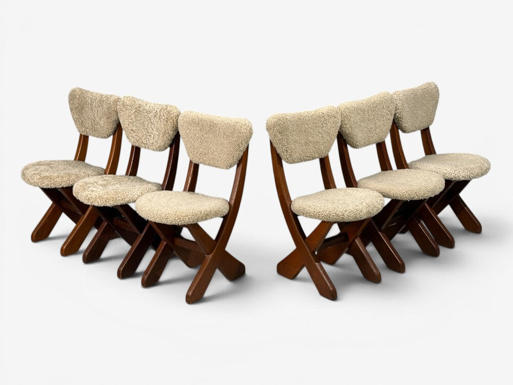 Danish Modern, Brutalist Dining Room Set, Pine, Shearling, Denmark, 1960s