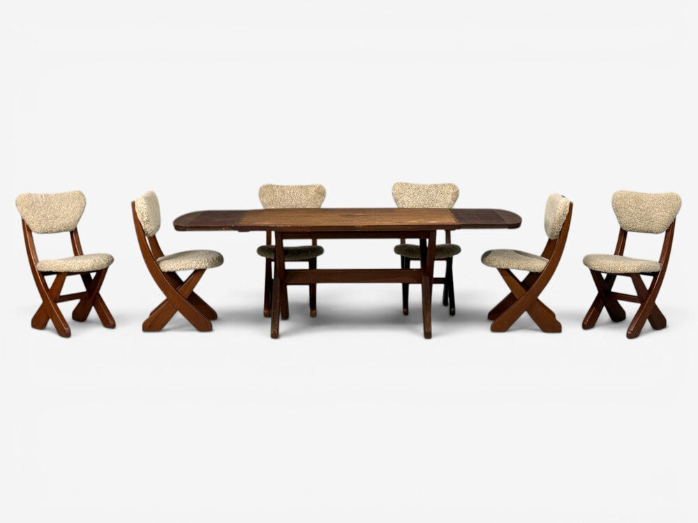 Danish Modern, Brutalist Dining Room Set, Pine, Shearling, Denmark, 1960s