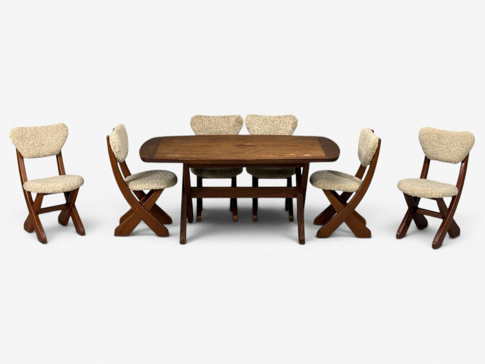 Danish Modern, Brutalist Dining Room Set, Pine, Shearling, Denmark, 1960s