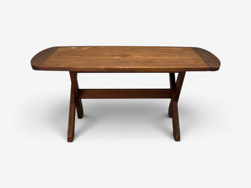 Danish Modern, Brutalist Dining Table, Stained Pine, Denmark, 1960s