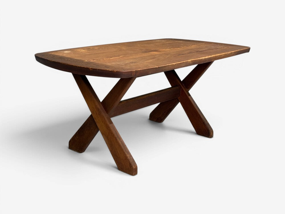 Danish Modern, Brutalist Dining Table, Stained Pine, Denmark, 1960s