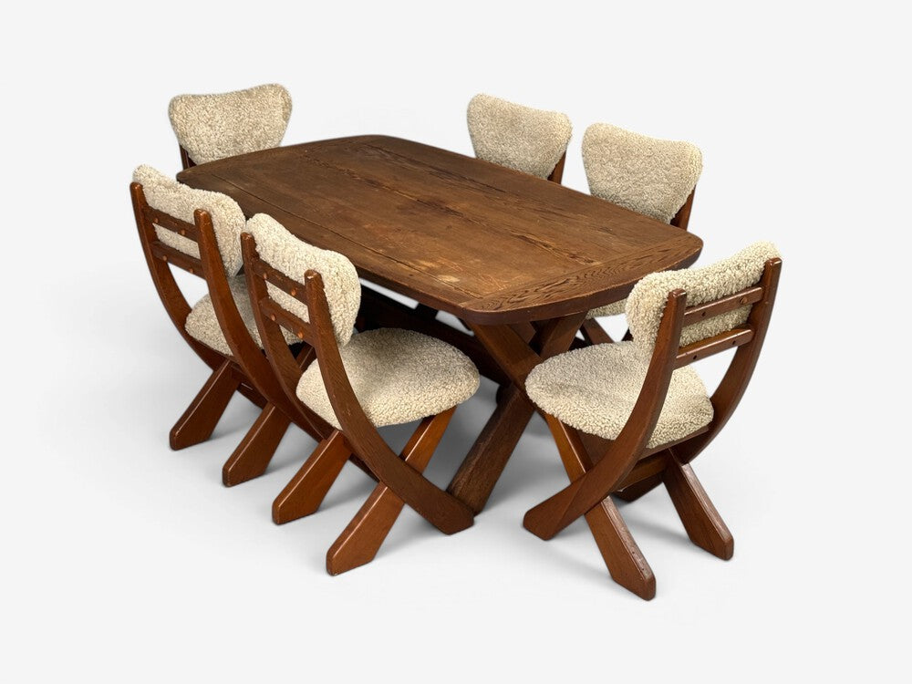 Danish Modern, Brutalist Dining Table, Stained Pine, Denmark, 1960s