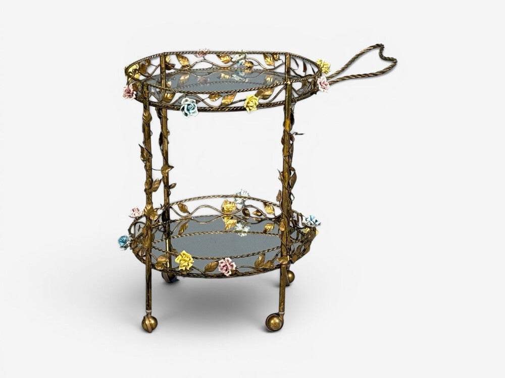 Hollywood Regency, Bar Car, Gilt Metal, Porcelain, USA, 20th c.