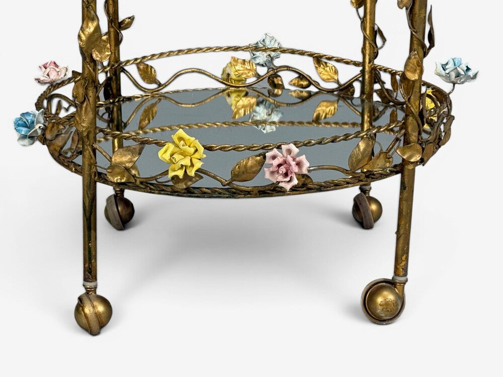Hollywood Regency, Bar Car, Gilt Metal, Porcelain, USA, 20th c.