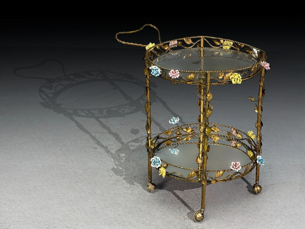 Hollywood Regency, Bar Car, Gilt Metal, Porcelain, USA, 20th c.