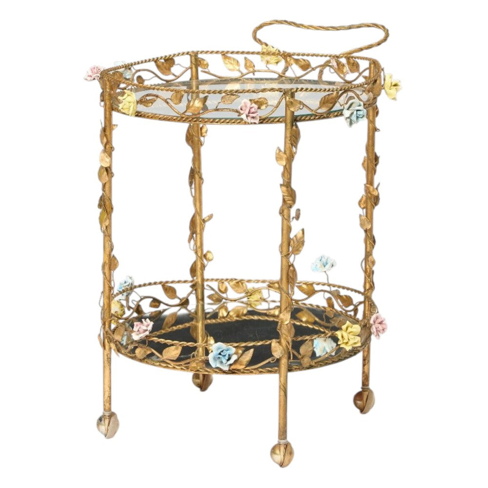 Hollywood Regency, Bar Car, Gilt Metal, Porcelain, USA, 20th c.