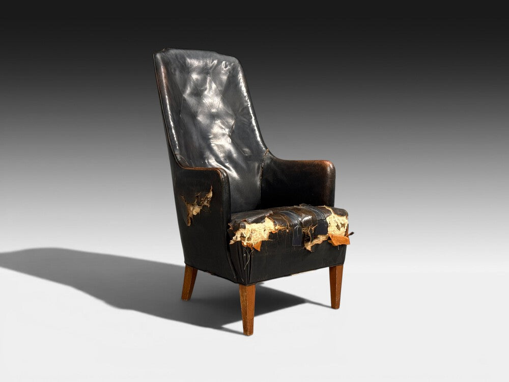 Svend Åge Madsen, Highback Chair, Leather, Nut Wood, Denmark, 1947