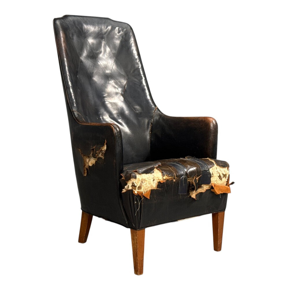 Svend Åge Madsen, Highback Chair, Leather, Nut Wood, Denmark, 1947