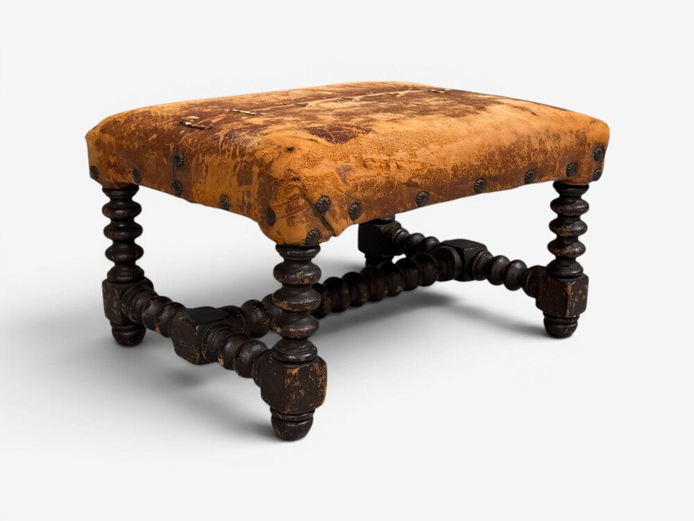 Baroque, Small Footstool, Leather, Turned Walnut, 19th c.