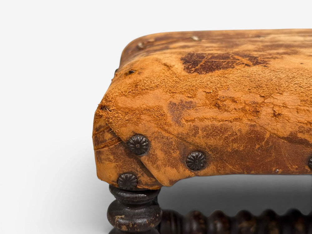 Baroque, Small Footstool, Leather, Turned Walnut, 19th c.