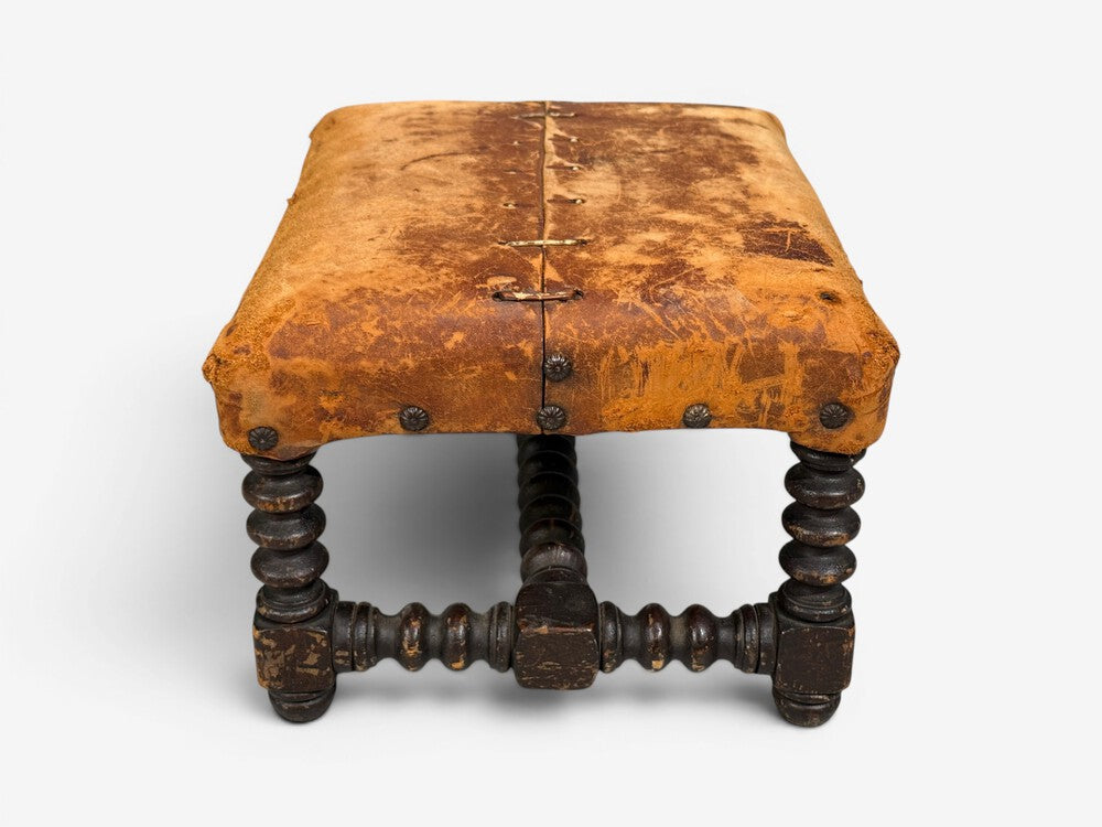 Baroque, Small Footstool, Leather, Turned Walnut, 19th c.