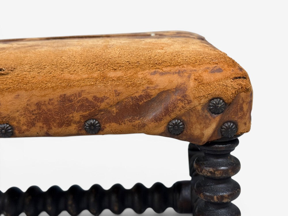 Baroque, Small Footstool, Leather, Turned Walnut, 19th c.