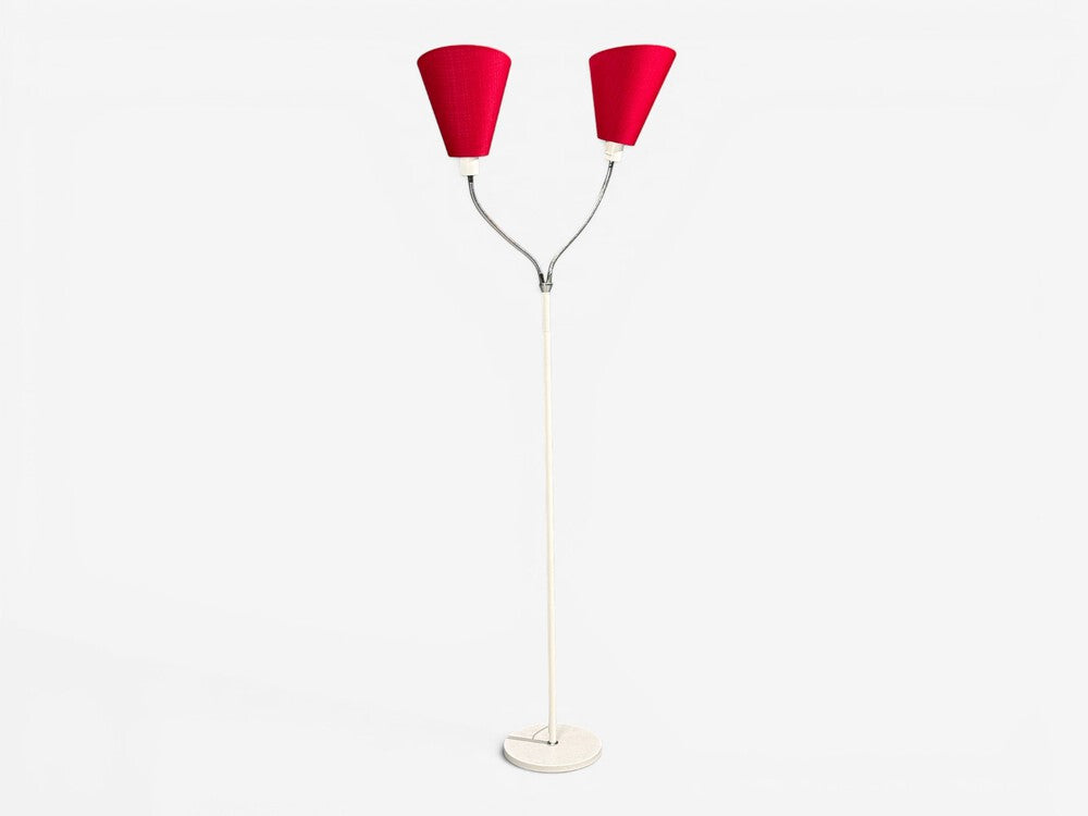 AH Belysing, Floor Lamp, White Lacquered Metal, Red Fabric, Sweden, 2000s
