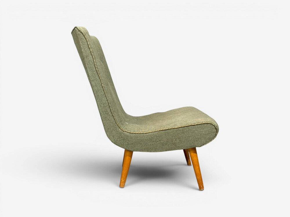 Swedish Modern, Slipper Chair, Green Fabric, Beech, Sweden, 1940s