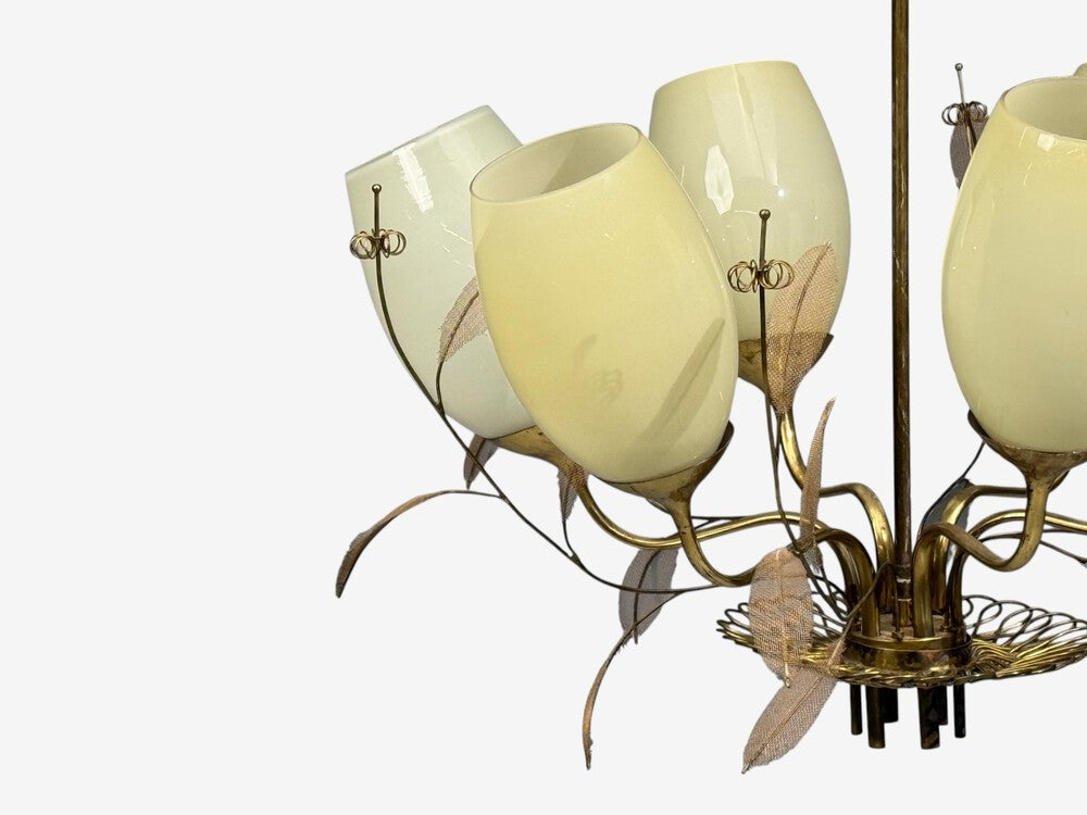 Paavo Tynell, Chandelier, Milk Glass, Brass, Finland, 1950s