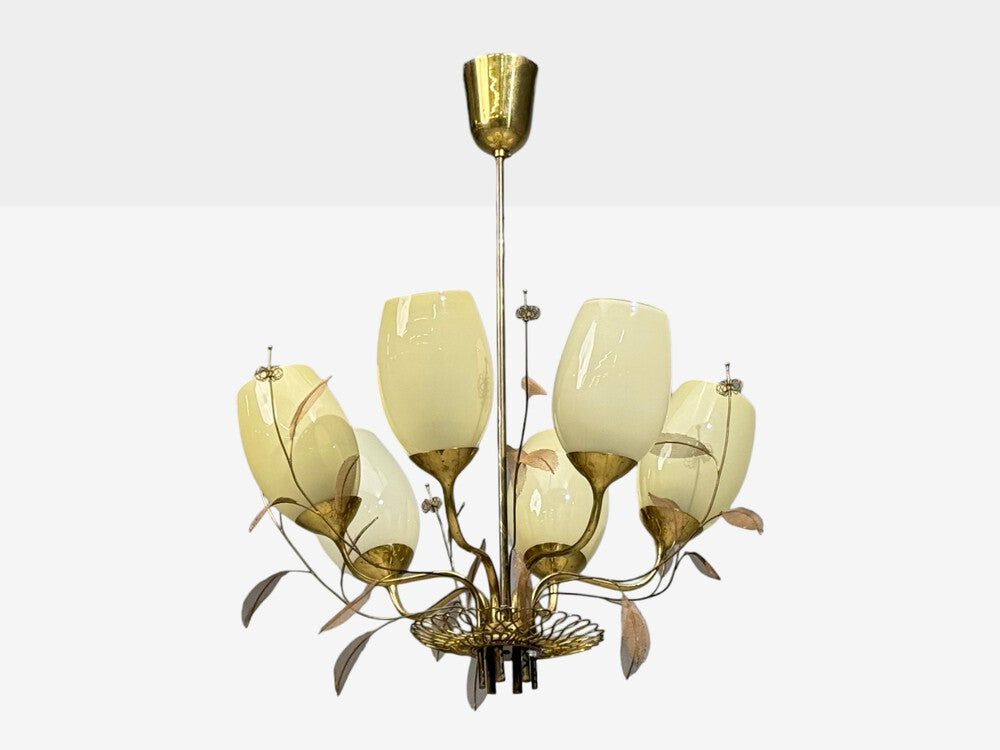 Paavo Tynell, Chandelier, Milk Glass, Brass, Finland, 1950s