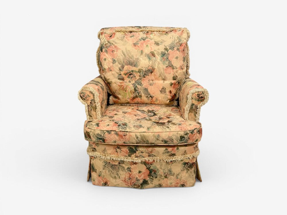 Traditional, Rolled Arm Lounge Chair, Floral Fabric, Wood, USA, 1980s