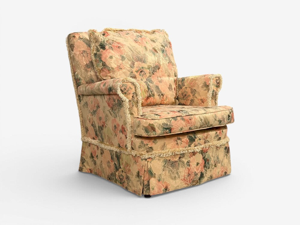 Traditional, Rolled Arm Lounge Chair, Floral Fabric, Wood, USA, 1980s
