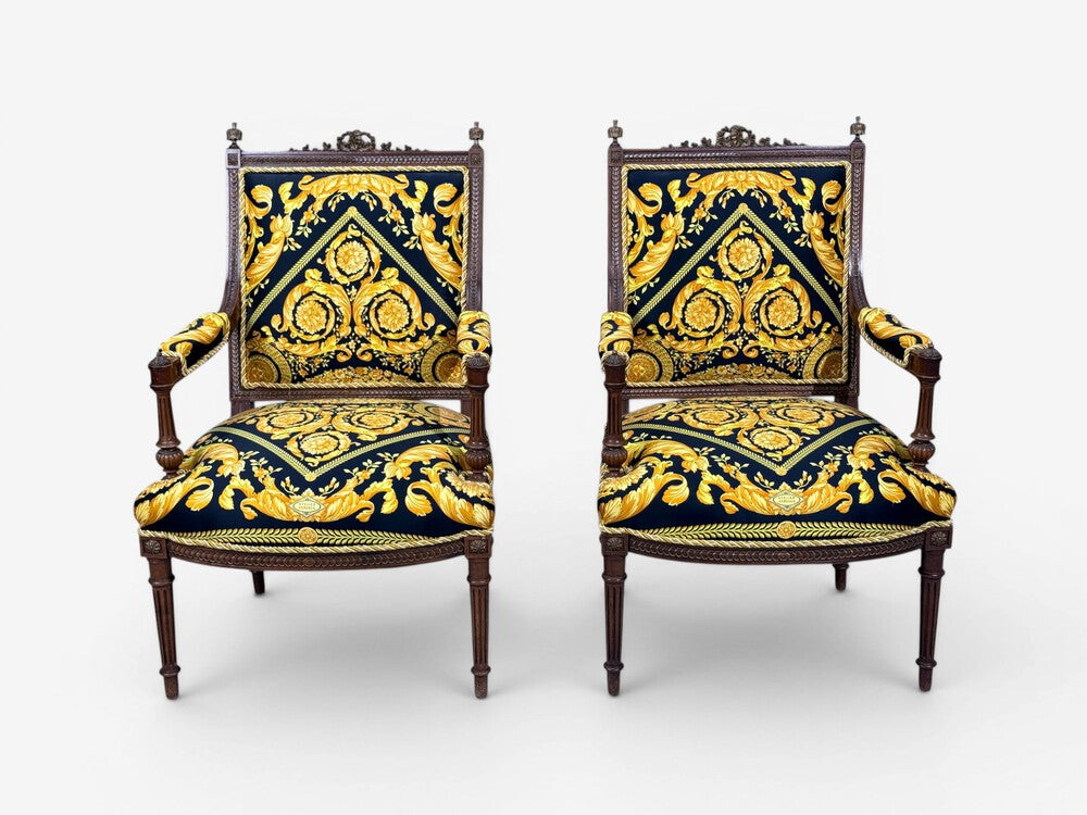 Gianni Versace Fabric Louis XVI Style Armchairs, Walnut, France, 20th c.