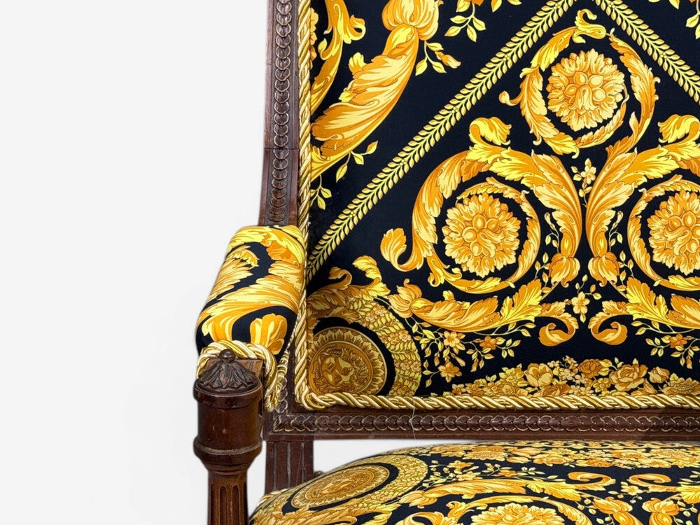 Gianni Versace Fabric Louis XVI Style Armchairs, Walnut, France, 20th c.