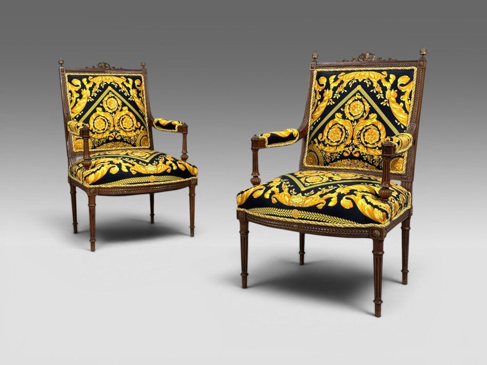 Gianni Versace Fabric Louis XVI Style Armchairs, Walnut, France, 20th c.