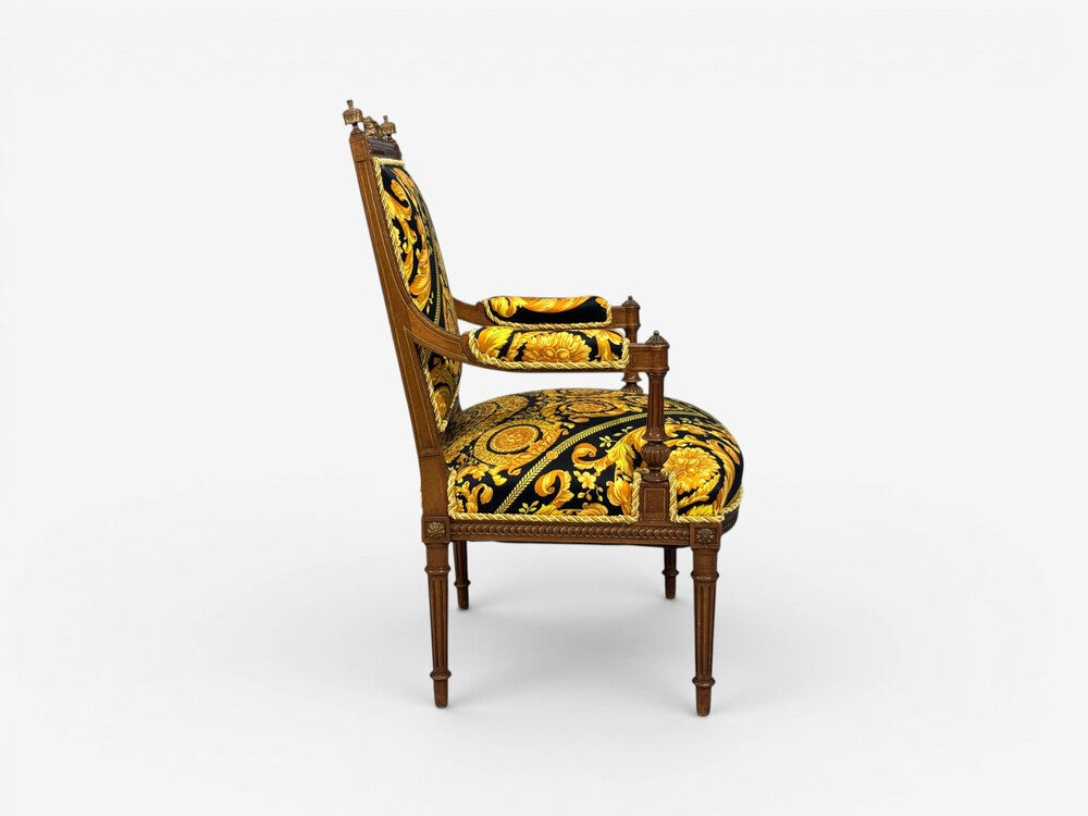 Gianni Versace Fabric Louis XVI Style Armchairs, Walnut, France, 20th c.