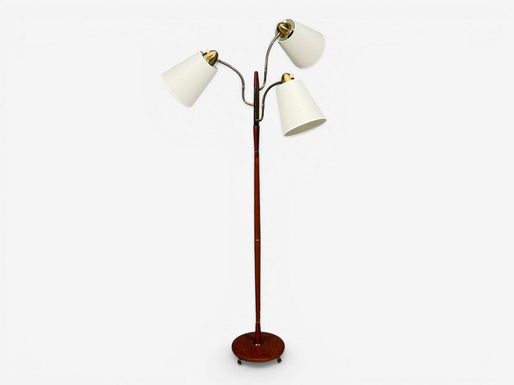 Swedish Modern, Adjustable Floor Lamp, Teak, Brass, Fabric, Sweden, 1970s