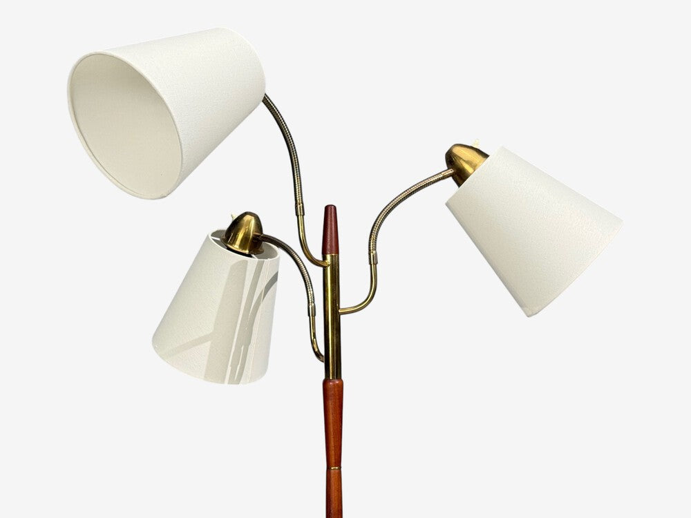 Swedish Modern, Adjustable Floor Lamp, Teak, Brass, Fabric, Sweden, 1970s