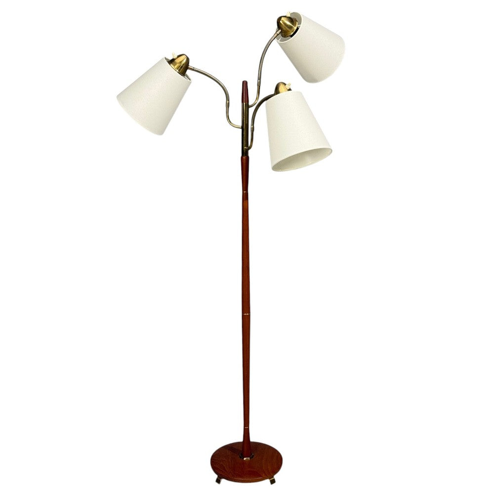 Swedish Modern, Adjustable Floor Lamp, Teak, Brass, Fabric, Sweden, 1970s