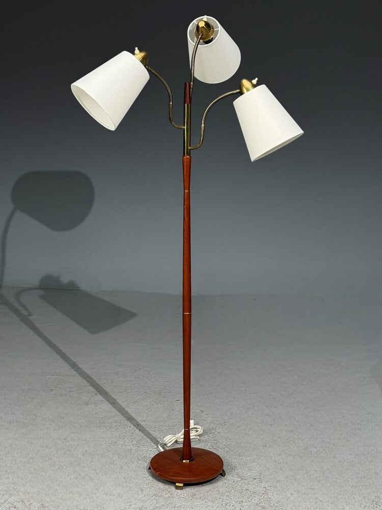 Swedish Modern, Adjustable Floor Lamp, Teak, Brass, Fabric, Sweden, 1970s