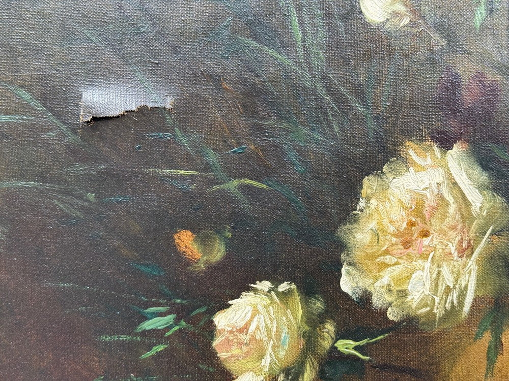 Floral Still Life, Oil on Canvas, A Fallen Vase with Flowers, American, 1920s