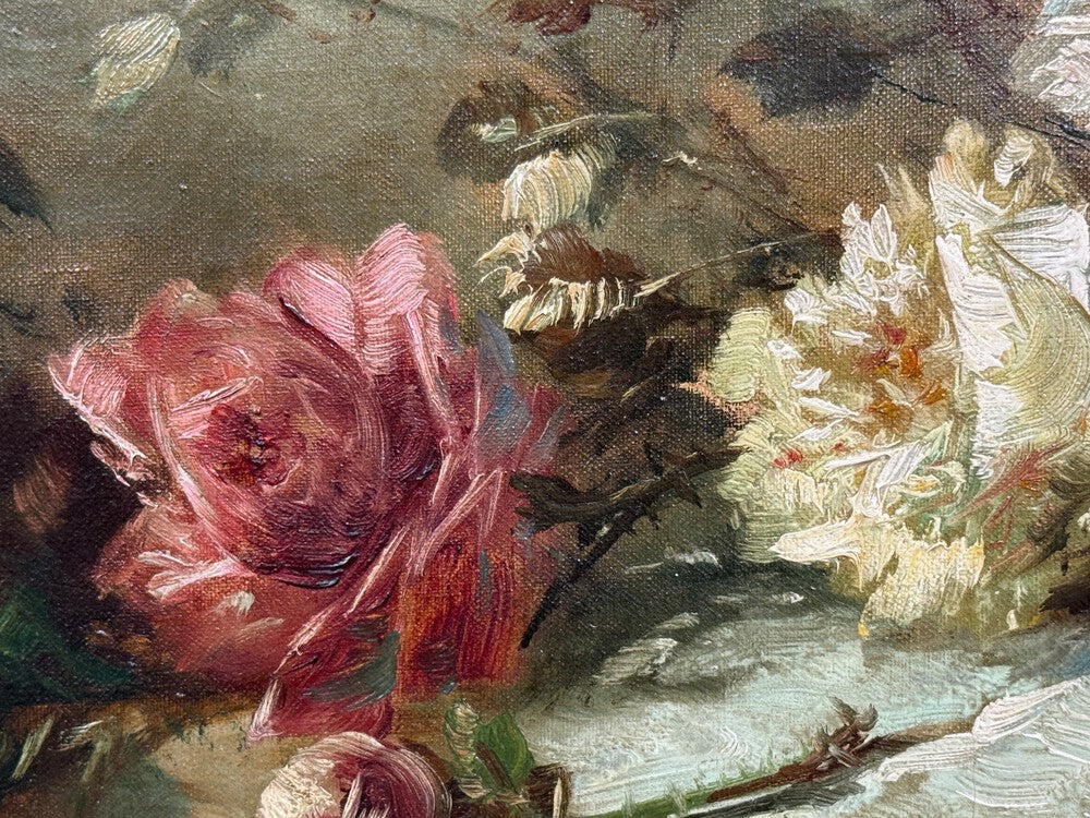 Floral Still Life, Oil on Canvas, A Fallen Vase with Flowers, American, 1920s
