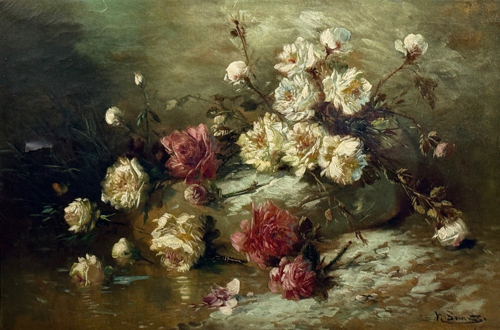 Floral Still Life, Oil on Canvas, A Fallen Vase with Flowers, American, 1920s