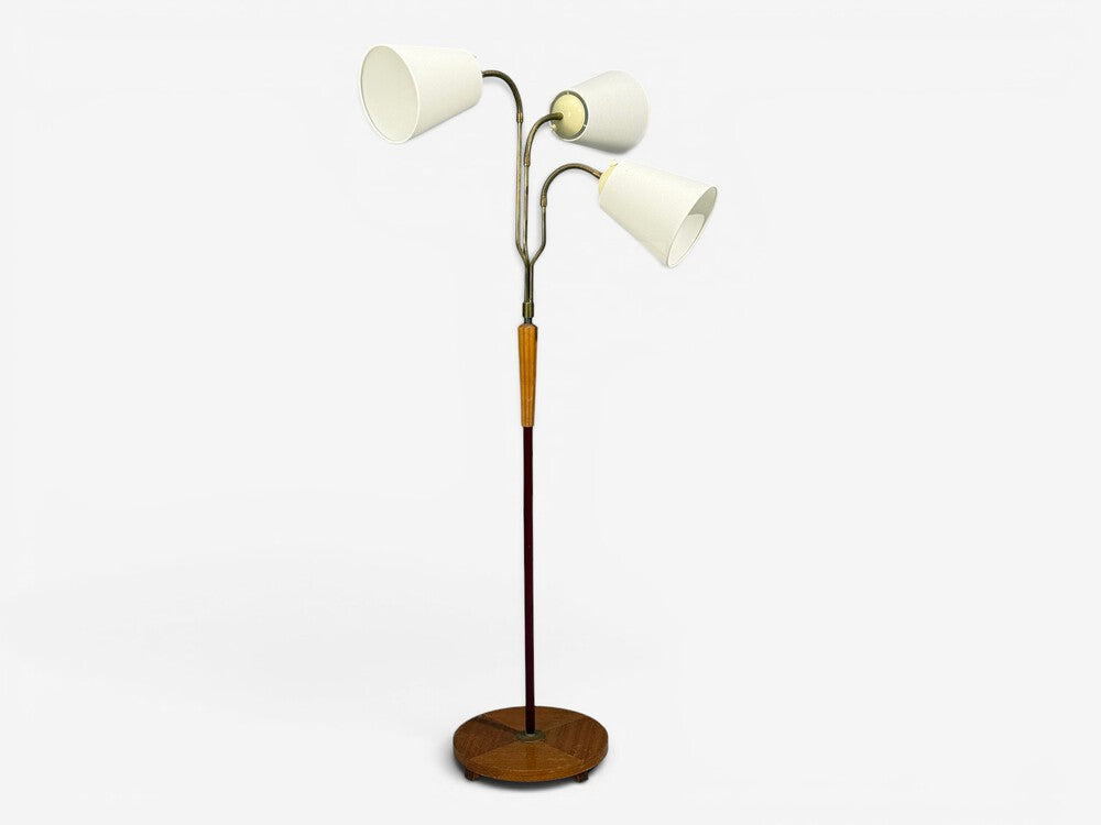 Swedish Modern, Adjustable Floor Lamp, Wood, Brass, Red Lacquer, Sweden, 1940s