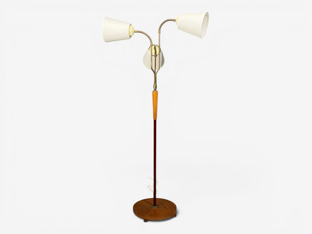 Swedish Modern, Adjustable Floor Lamp, Wood, Brass, Red Lacquer, Sweden, 1940s