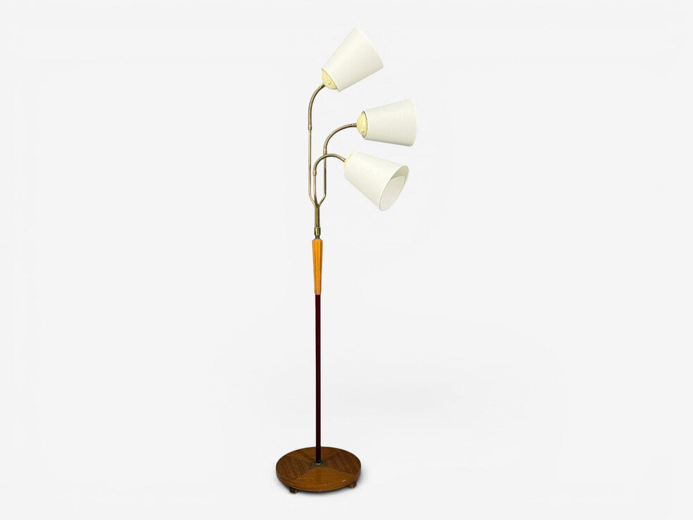 Swedish Modern, Adjustable Floor Lamp, Wood, Brass, Red Lacquer, Sweden, 1940s