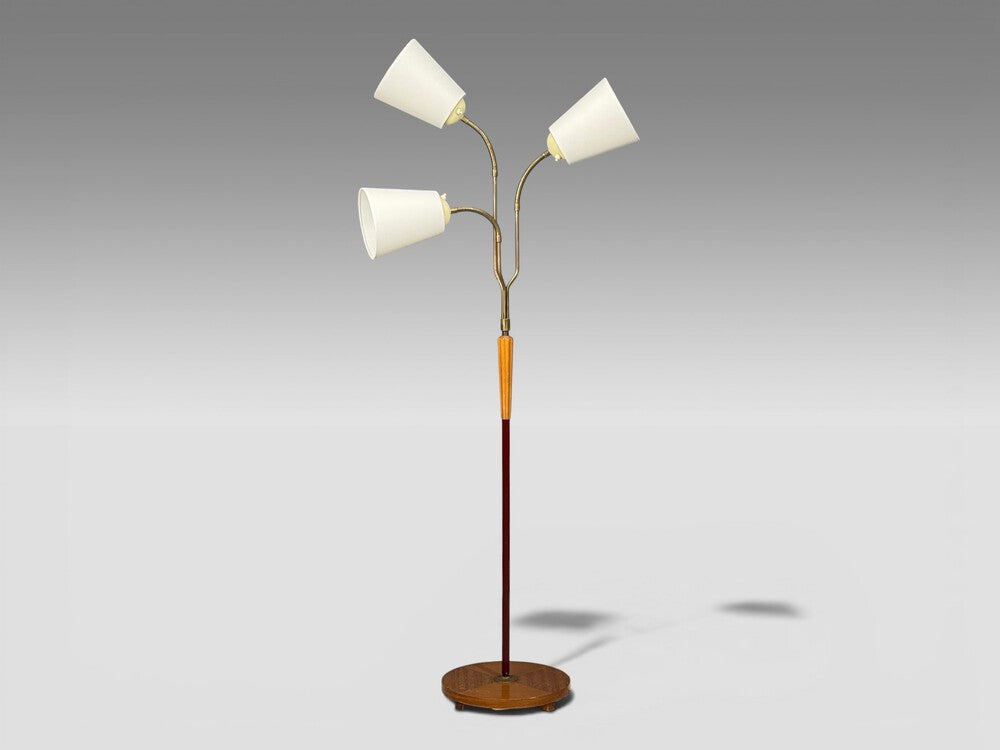 Swedish Modern, Adjustable Floor Lamp, Wood, Brass, Red Lacquer, Sweden, 1940s