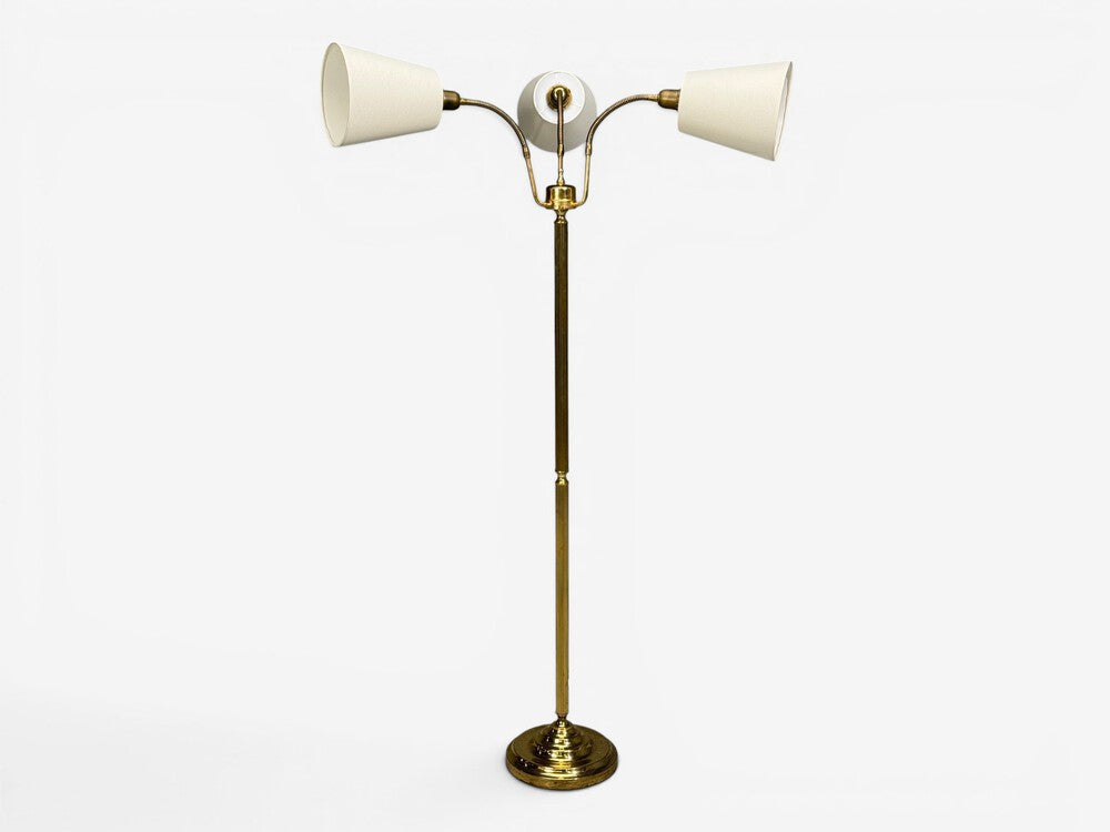 Swedish Modern, Three Light Floor Lamp, Reeded Brass, Fabric, Sweden, 1970s