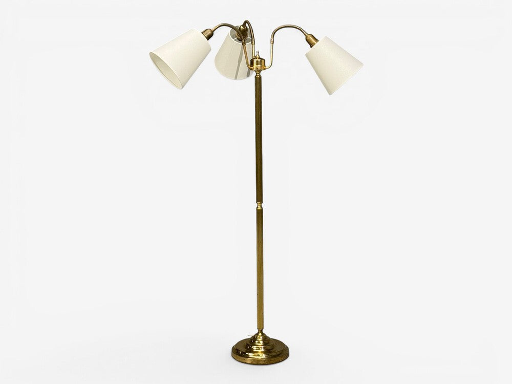 Swedish Modern, Three Light Floor Lamp, Reeded Brass, Fabric, Sweden, 1970s
