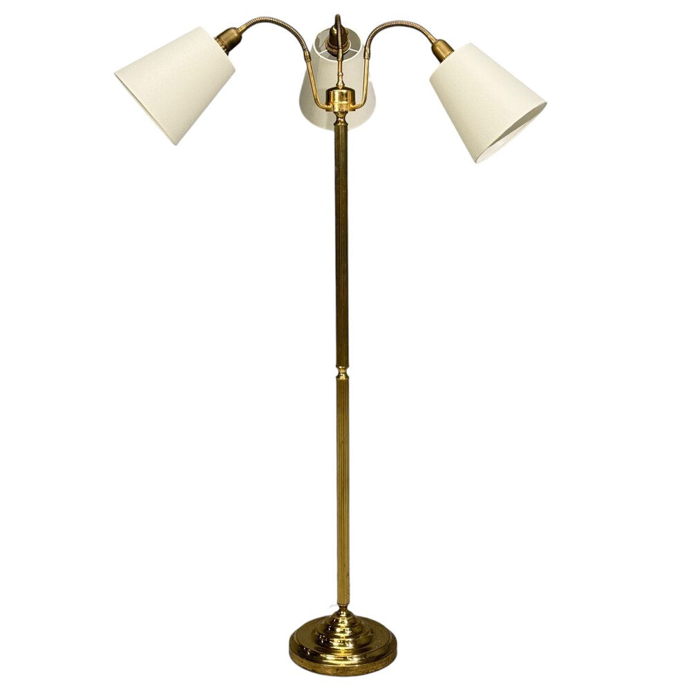 Swedish Modern, Three Light Floor Lamp, Reeded Brass, Fabric, Sweden, 1970s