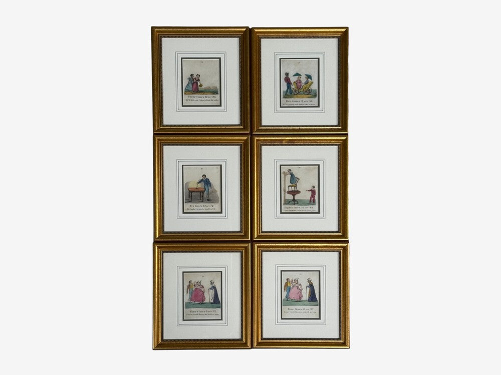 Twelve Copper Engravings, Hand Coloured, Gilt Frames, England, 1900s