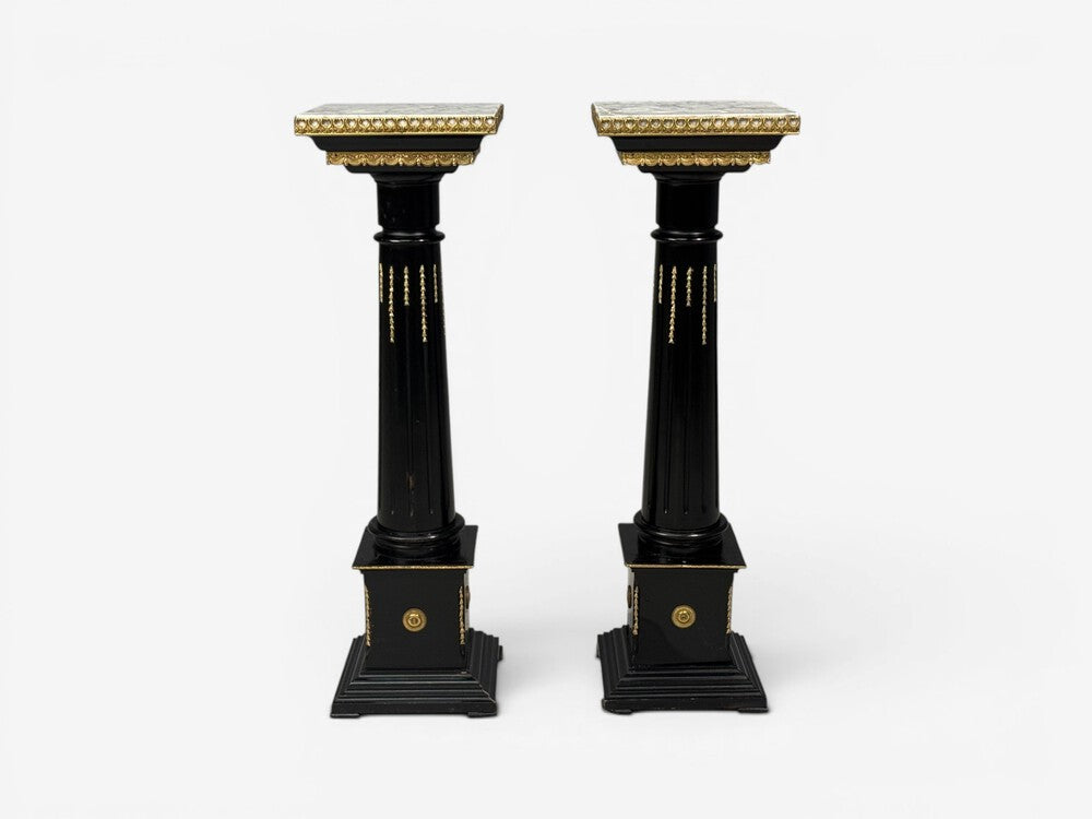 Hollywood Regency, Marble Top Pedestals, Ebonized Wood, Bronze, France, 1960s