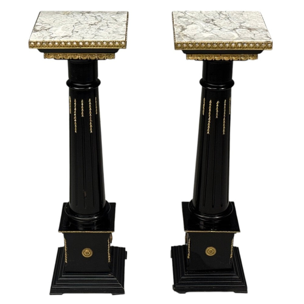 Hollywood Regency, Marble Top Pedestals, Ebonized Wood, Bronze, France, 1960s