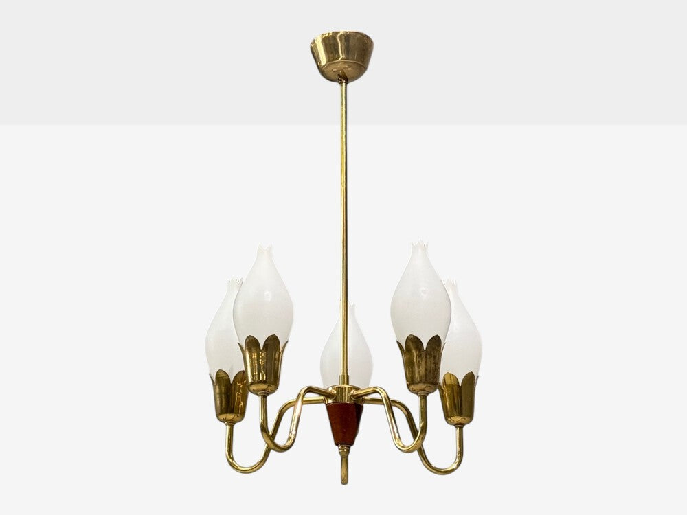 Fog & Mørup, Tulip Chandelier, Opal Glass, Brass, Teak, Denmark, 1960s