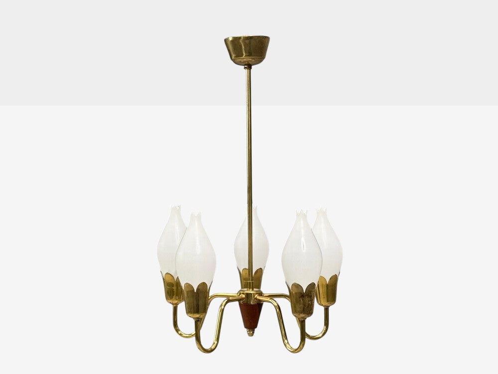 Fog & Mørup, Tulip Chandelier, Opal Glass, Brass, Teak, Denmark, 1960s