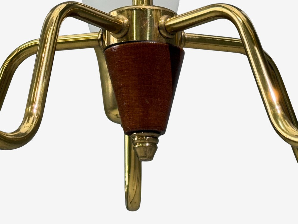 Fog & Mørup, Tulip Chandelier, Opal Glass, Brass, Teak, Denmark, 1960s