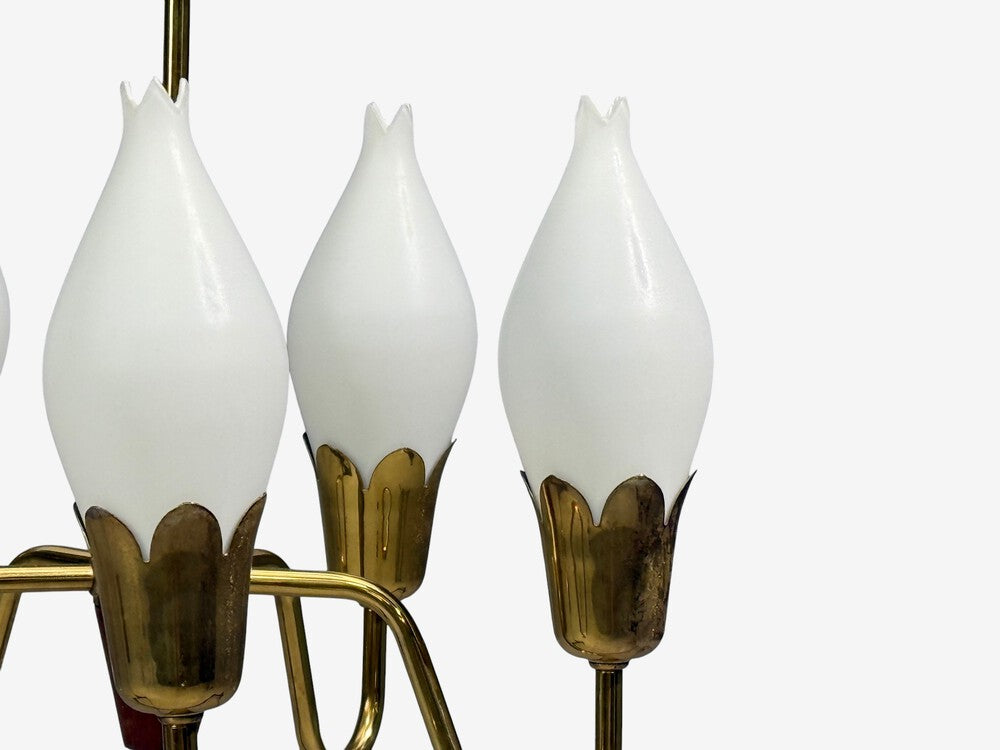 Fog & Mørup, Tulip Chandelier, Opal Glass, Brass, Teak, Denmark, 1960s