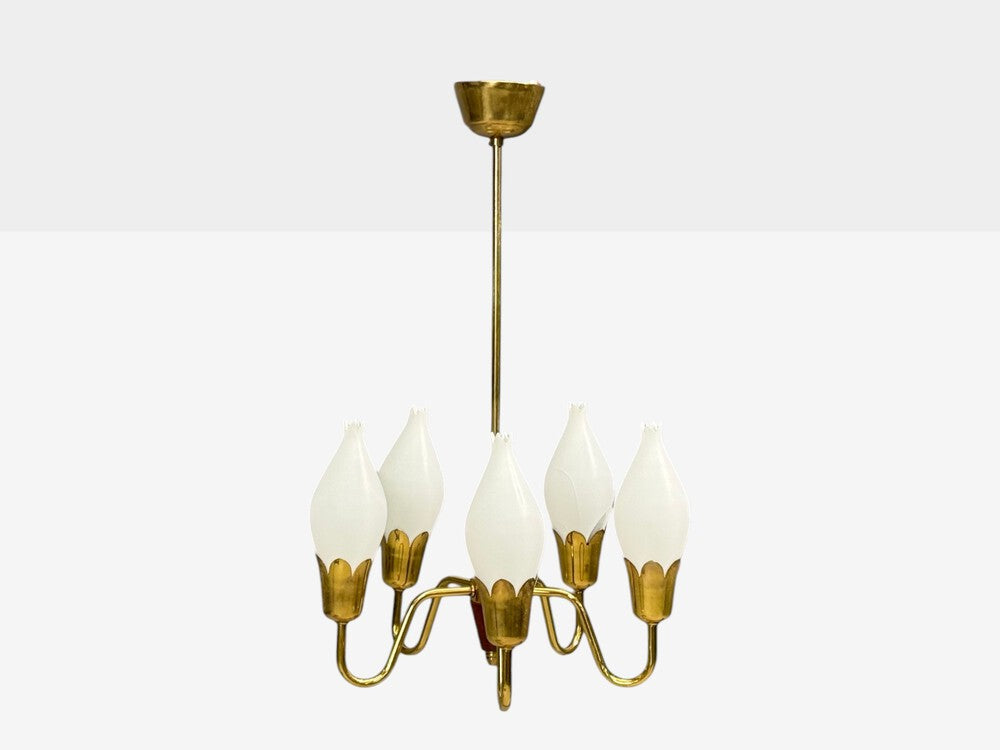 Fog & Mørup, Tulip Chandelier, Opal Glass, Brass, Teak, Denmark, 1960s